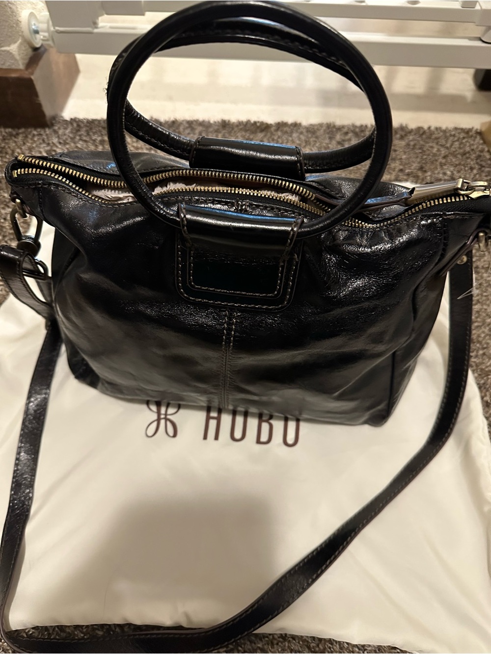 Hobo  Shelia Black Leather Satchel Bag with Top Handles and shoulder strap